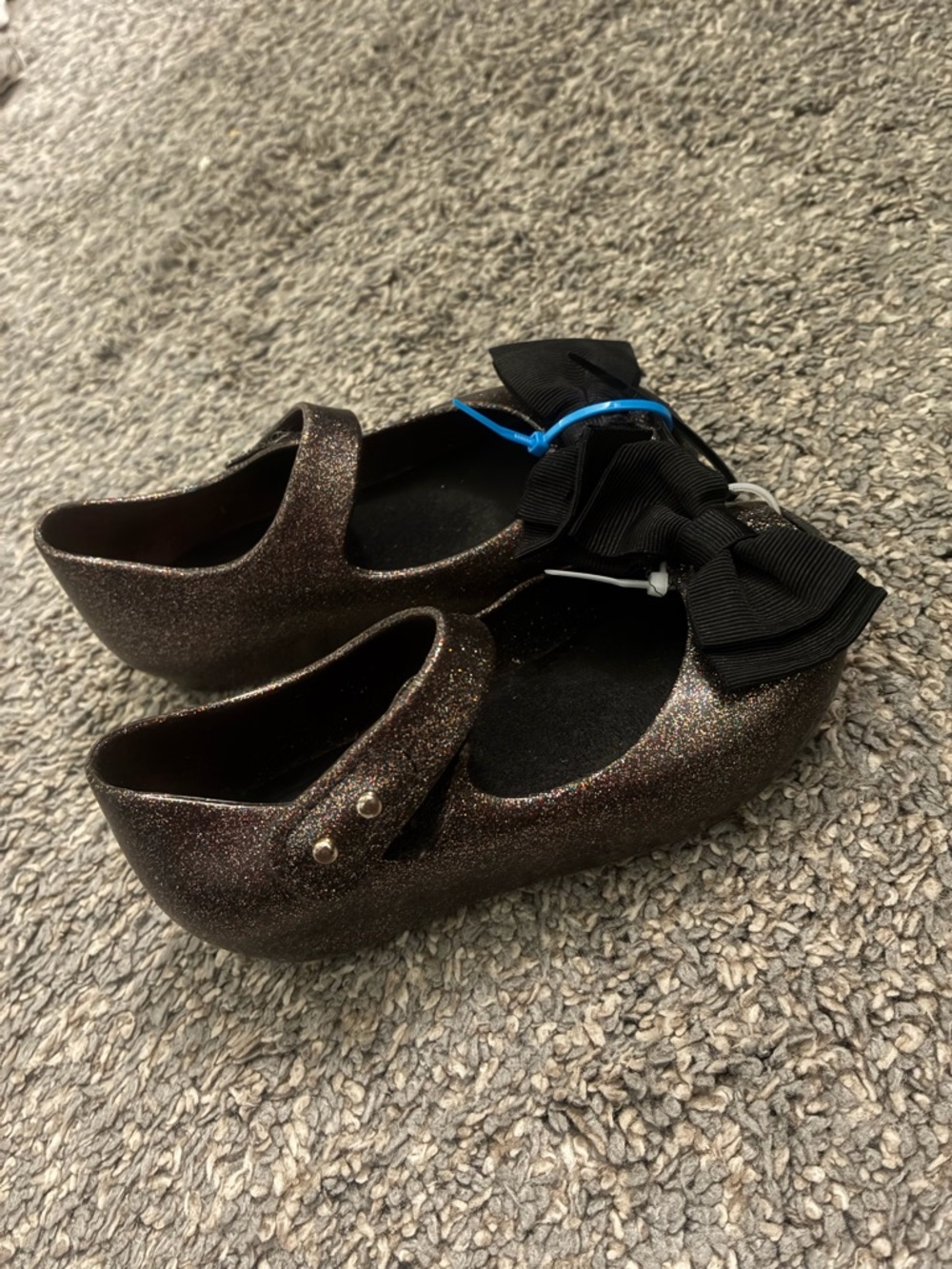 Mini Melissa Girls Glitter Mary Jane Shoes with Bow - Black/Bronze